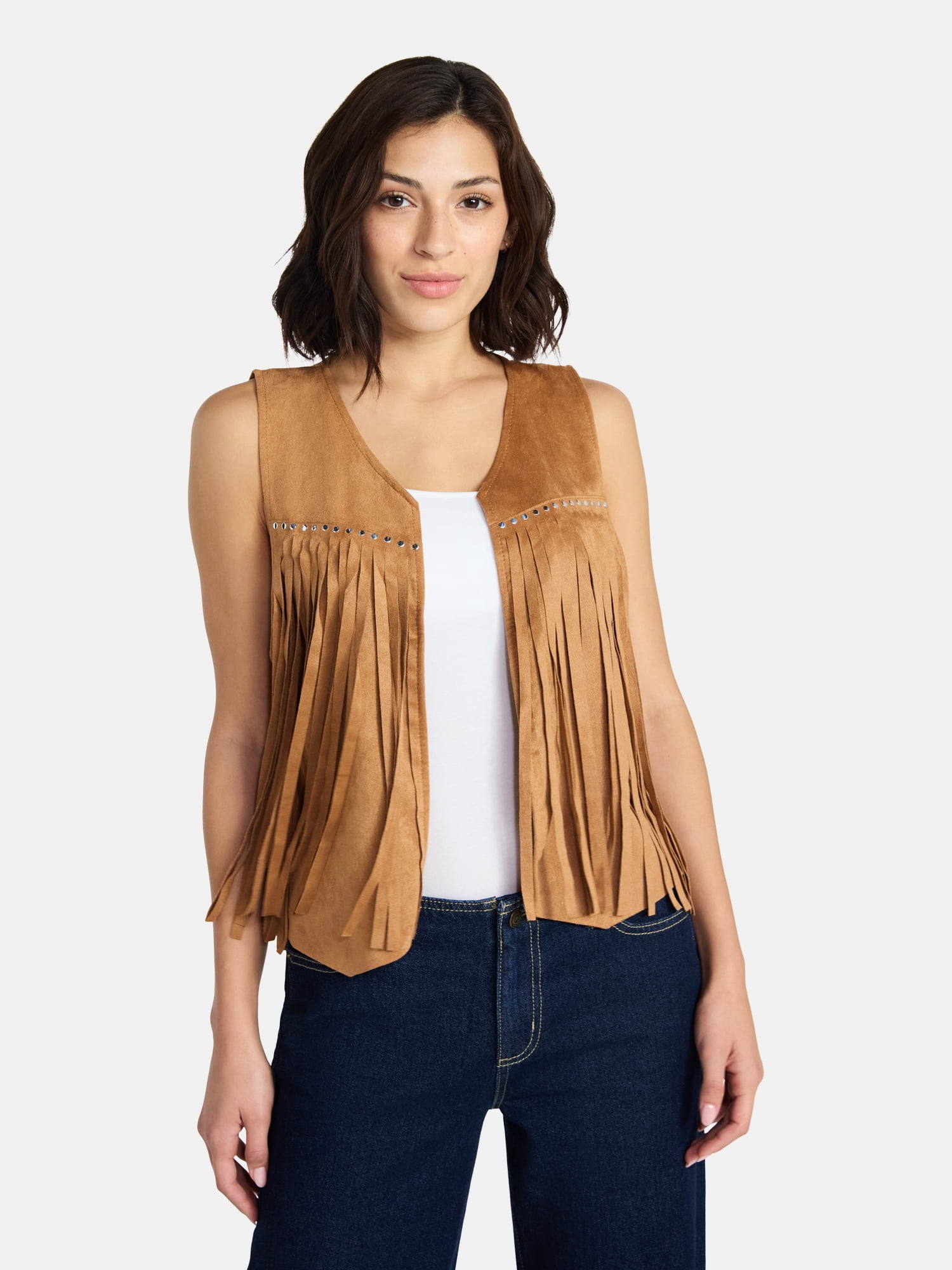 Madden NYC Women's Faux Suede Studded Fringe Vest, Khaki, Sizes S to XL
