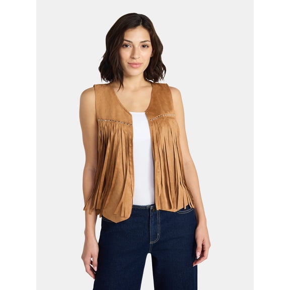 Madden NYC Women's Khaki Faux Suede Studded Fringe Vest Topper, Sizes S-XL