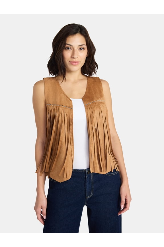 Women's Faux Suede Studded Fringe Vest, Khaki, Sizes S to XL