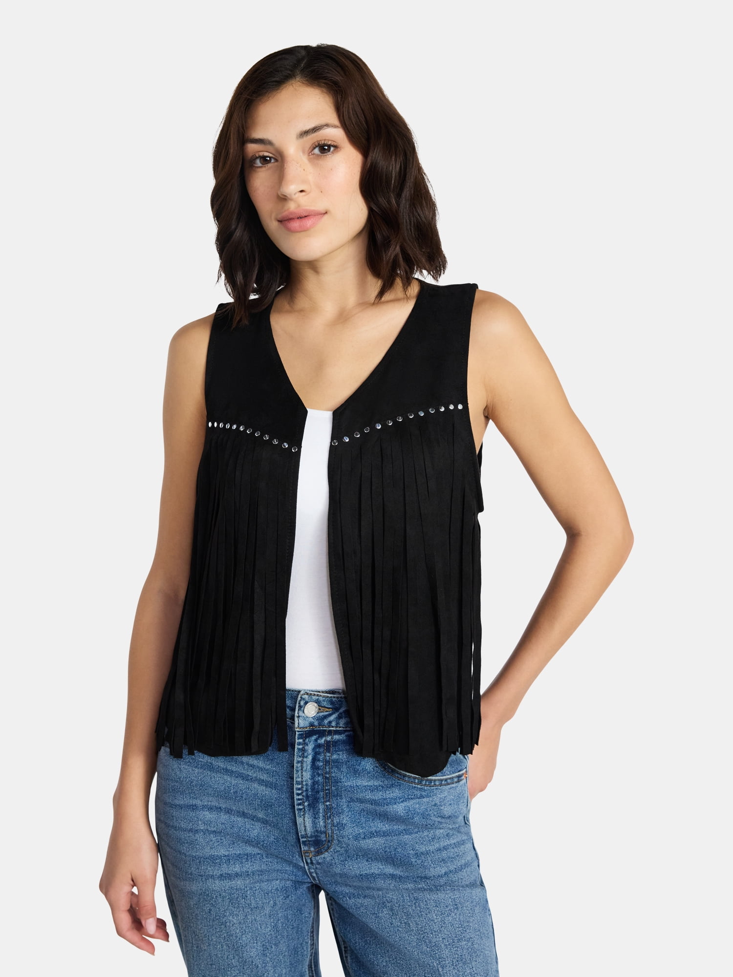 Madden NYC Women's Faux Suede Fringe Vest, Black, Sizes S-XL