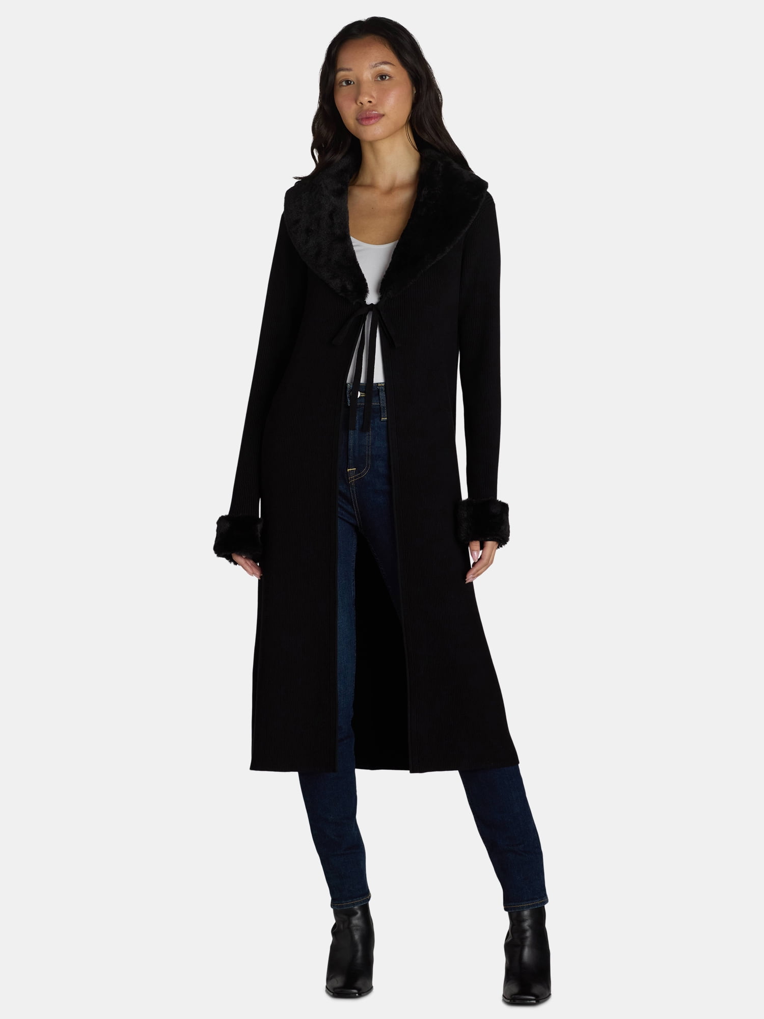 エピヌfeminine fur collar long coat（black） Hell Bunny Elvira Dramatic Statement Long Hooded Vintage Fur