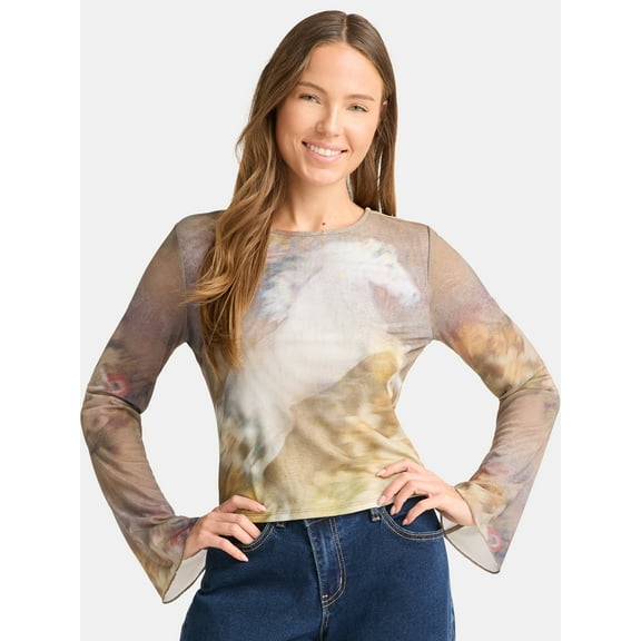 Madden NYC Women's Mesh Top with Long Sleeves, Sizes XXS-XXL
