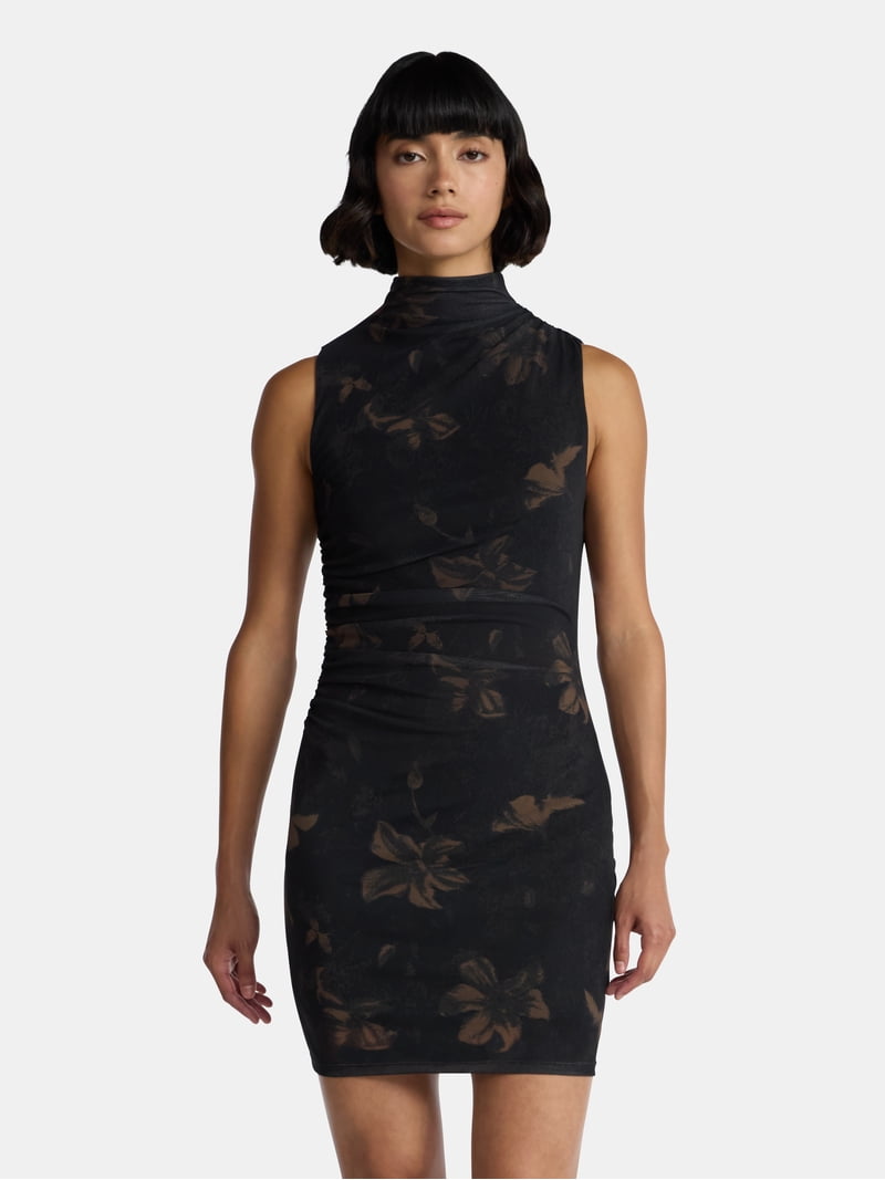 knee length dresses for ladies AX Paris Black High Neck Bodycon Ruched Mesh Mini Dress