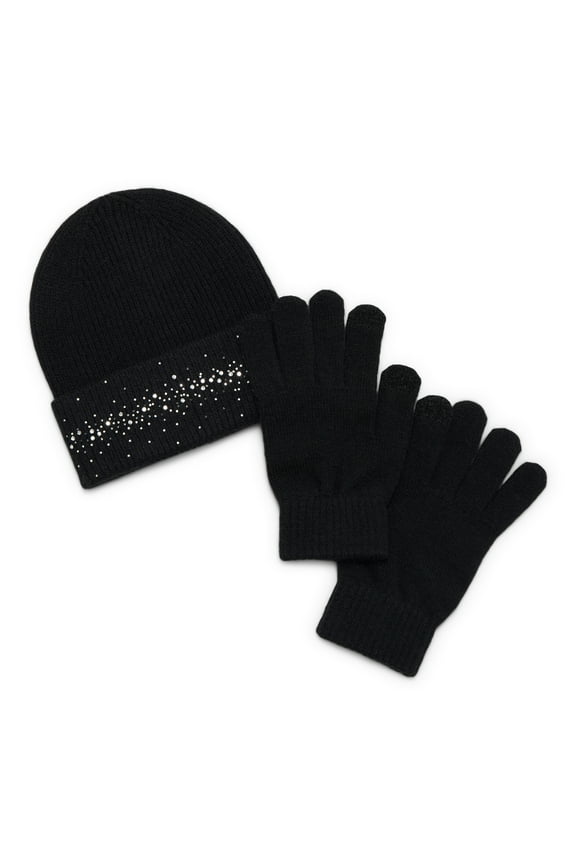 Women's Ribbed Beanie and Touch Gloves Set, 2-Piece, Black, One Size