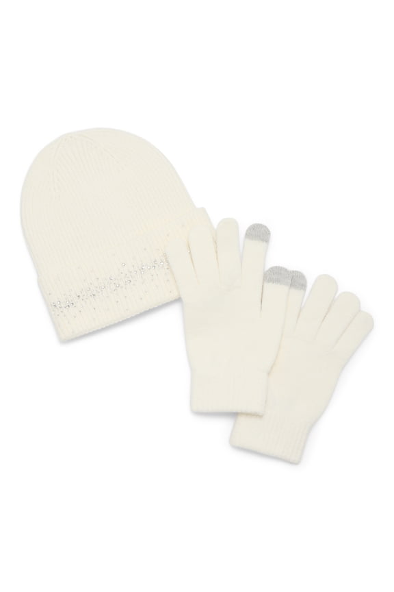 Women's Ribbed Beanie and Touch Gloves Set, 2-Piece, Ivory, One Size