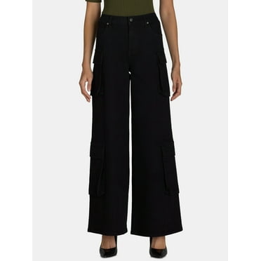 Madden NYC Women’s Wide Leg Cargo Jeans with Rhinestone Accents, 32” Inseam, Sizes XXS-XXL
