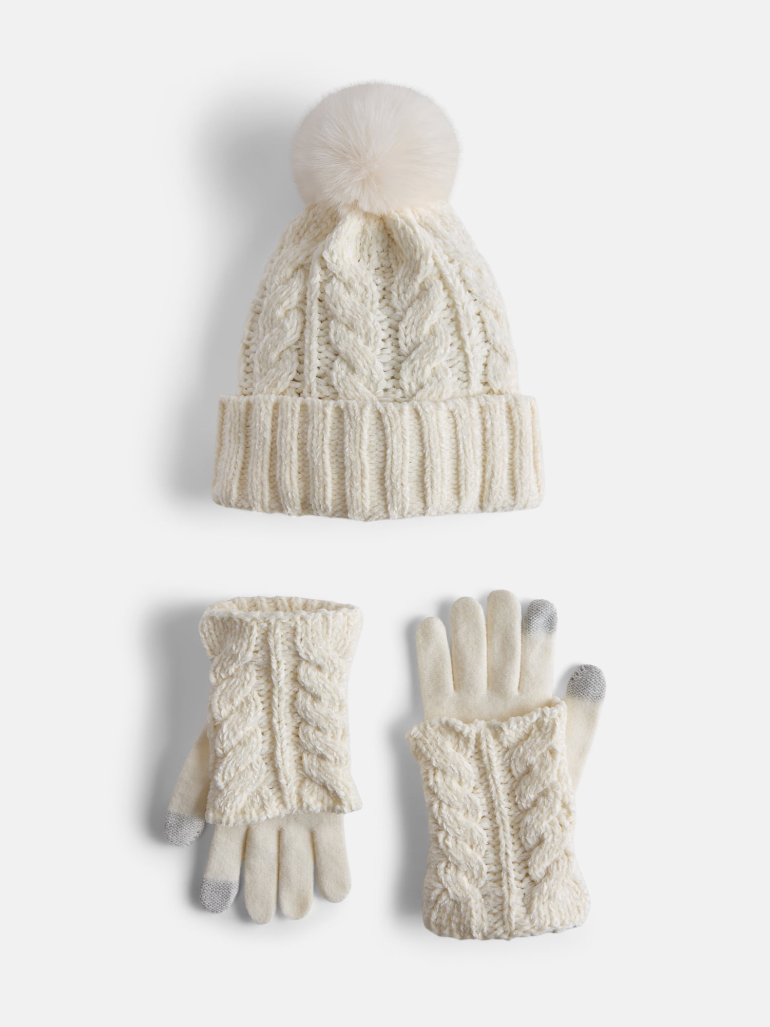 MNYC Women's 2 PC Cable Knit Chenille Beanie w/ Matching Gloves, Ivory ...