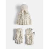 MNYC Women's 2 PC Cable Knit Chenille Beanie w/ Matching Gloves, Ivory ...