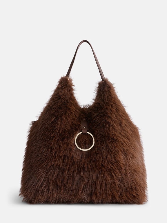 Women's Faux Fur Tote Bag, Chocolate