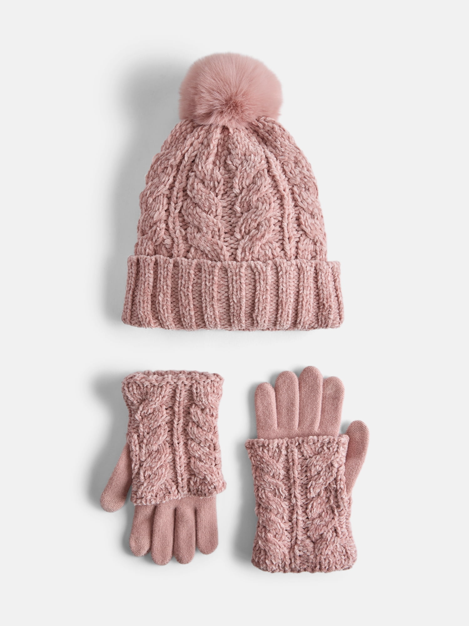 MNYC Women's 2 PC Cable Knit Chenille Beanie w/ Matching Gloves, Dusty Rose