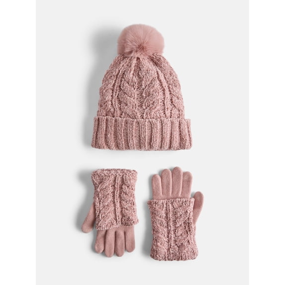MNYC Women's 2 PC Cable Knit Chenille Beanie w/ Matching Gloves, Dusty Rose