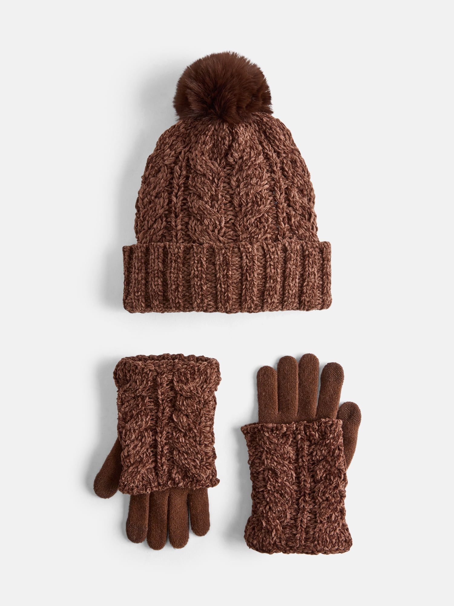 MNYC Women's 2 PC Cable Knit Chenille Beanie w/ Matching Gloves, Brown