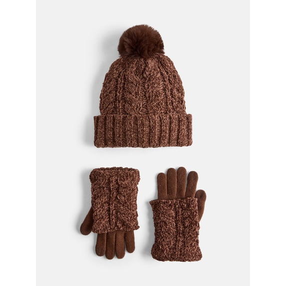 MNYC Women's 2 PC Cable Knit Chenille Beanie w/ Matching Gloves, Brown