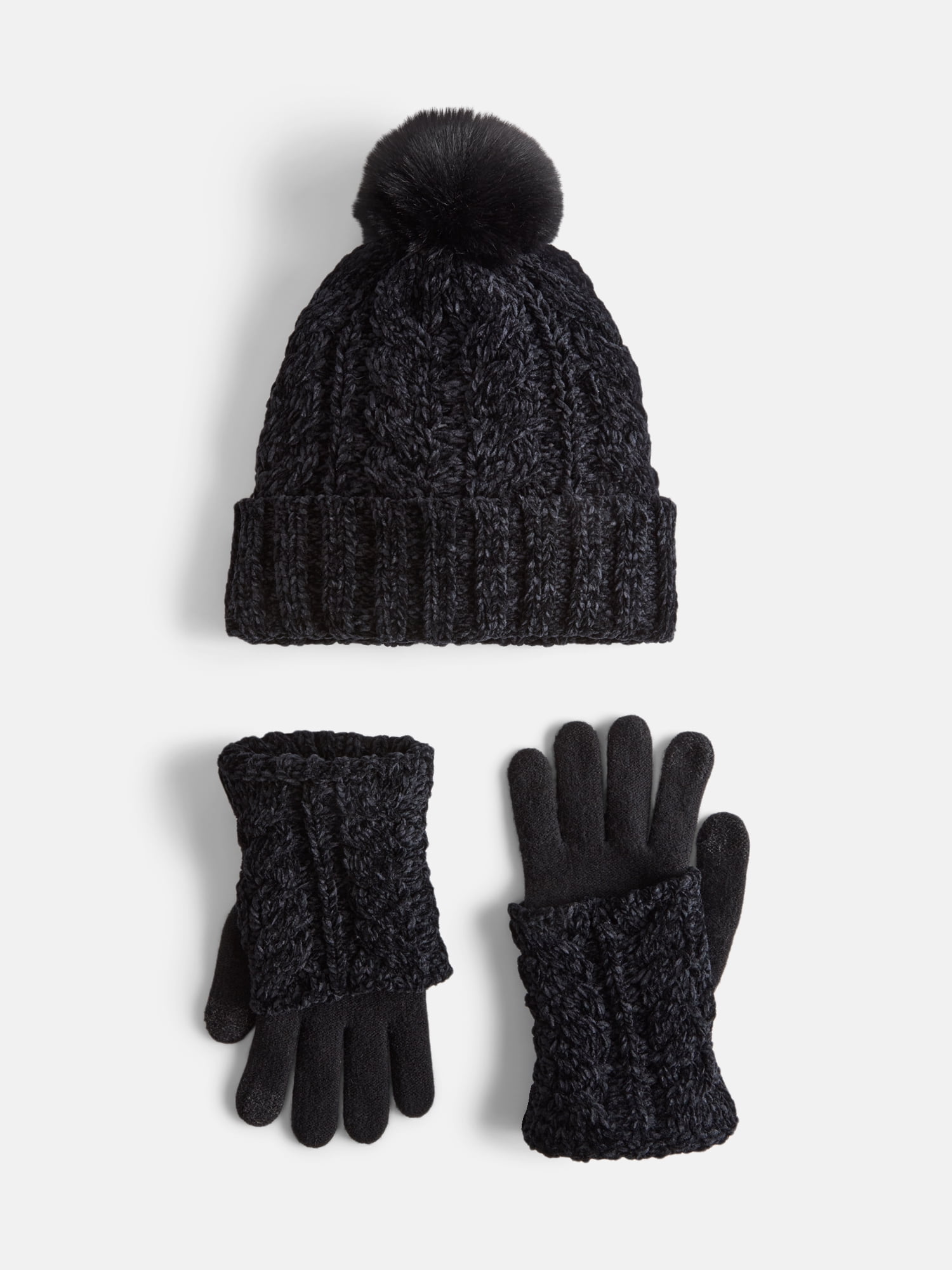MNYC Women's 2 PC Cable Knit Chenille Beanie w/ Matching Gloves, Black