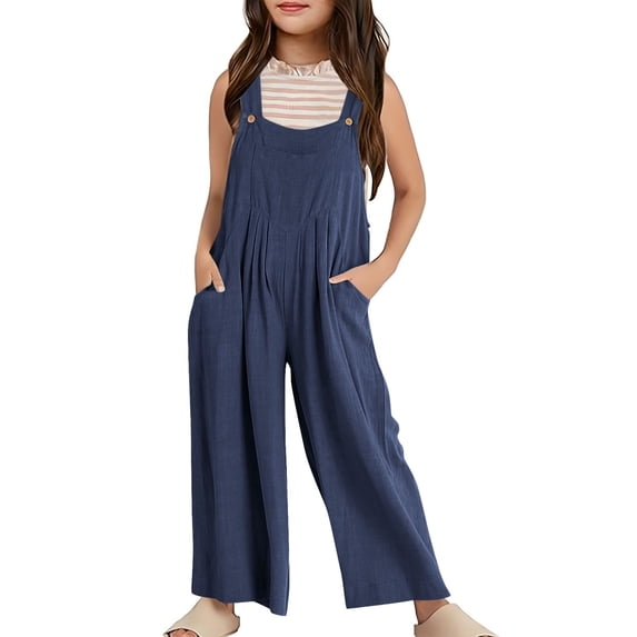 MNordicNest Girls Summer Sleeveless Wide Leg Jumpsuit Casual Solid Color Romper With Pockets Loose Fit Overalls For Toddler Kids Versatile Dailywear