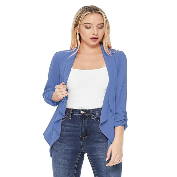 MOA COLLECTION Women 3/4 Sleeve Woven Blazer Open Front Cardigan Jacket Work Office Blazer