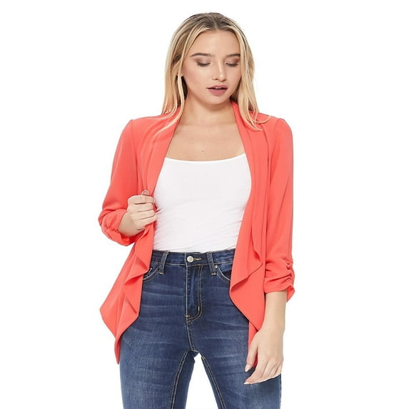 MOA COLLECTION Women 3/4 Sleeve Woven Blazer Open Front Cardigan Jacket Work Office Blazer