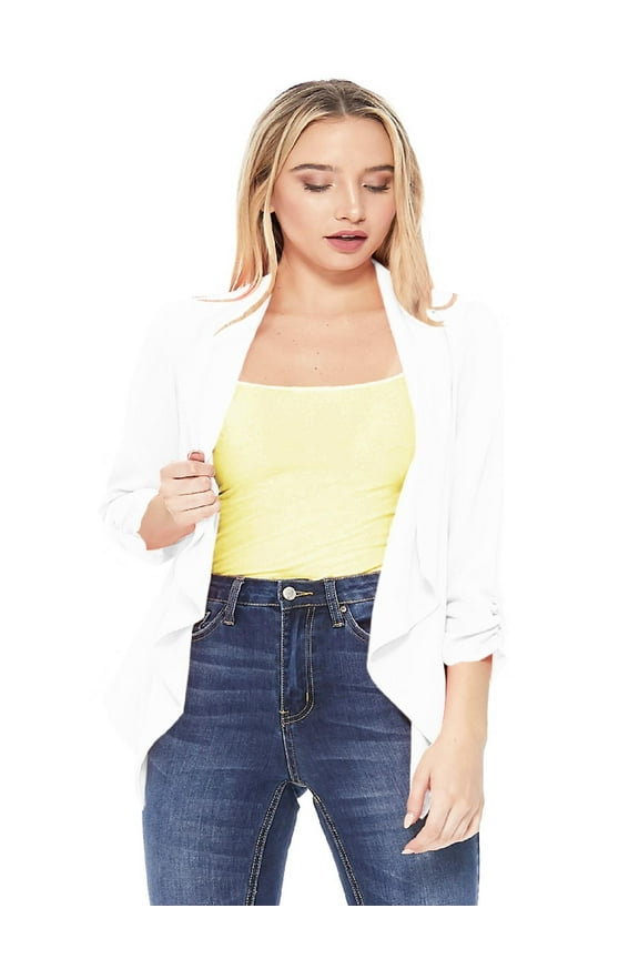 MOA COLLECTION Women 3/4 Sleeve Woven Blazer Open Front Cardigan Jacket Work Office Blazer