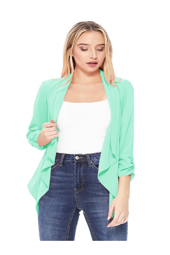 Women 3/4 Sleeve Woven Blazer Open Front Cardigan Jacket Work Office Blazer