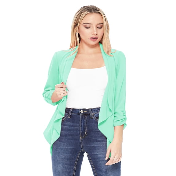 MOA COLLECTION Women 3/4 Sleeve Woven Blazer Open Front Cardigan Jacket Work Office Blazer