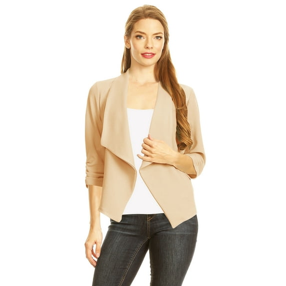 Women's Fitted Waist Length Jacket Open Front Draped Neck Ruched Sleeves