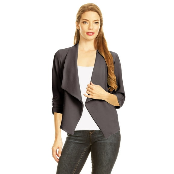 Women's Fitted Waist Length Jacket Open Front Draped Neck Ruched Sleeves