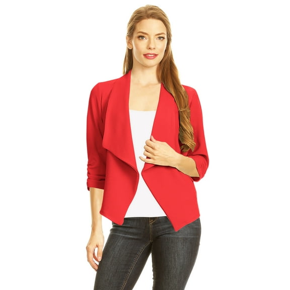 Women's Fitted Waist Length Jacket Open Front Draped Neck Ruched Sleeves