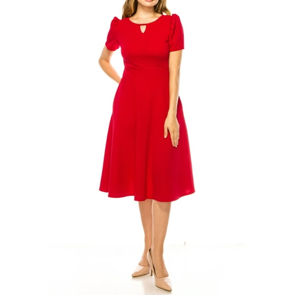 Moa Collection Women's A-Line Dress Puff Sleeves and Keyhole Front Casual Chic with Side Pock