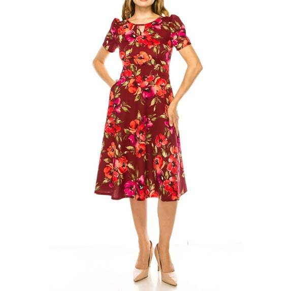 Moa Collection Women's A-Line Dress Puff Sleeves and Keyhole Front Casual Chic with Side Pock