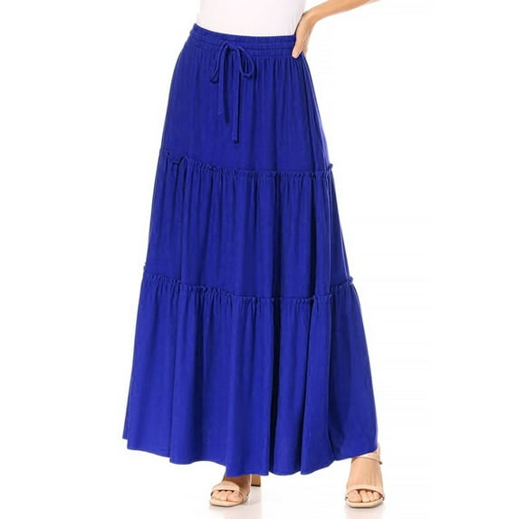 Women's Casual Elastic High Waist Solid A Line Layer Ruffle Swing Maxi Skirt
