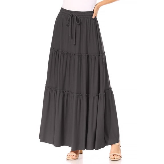 Women's Casual Elastic High Waist Solid A Line Layer Ruffle Swing Maxi Skirt