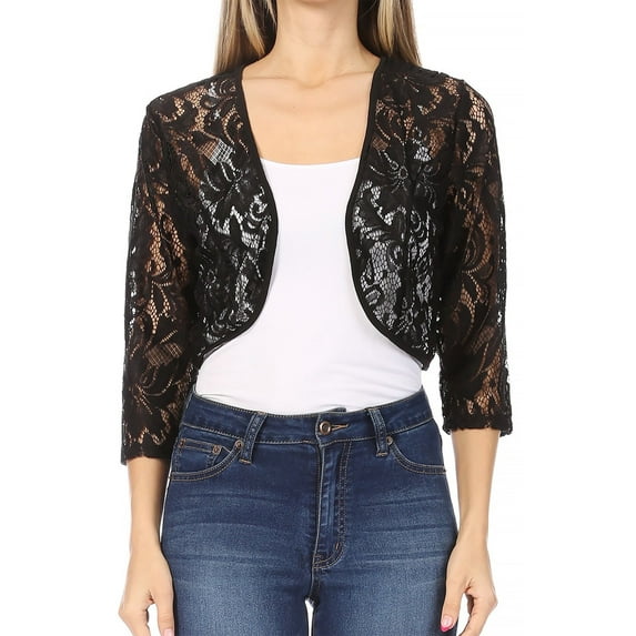 MOA COLLECTION Women's Casual Lace Bolero Crochet Open Cardigan 3/4 Sleeve Sheer Cover Up Jacket