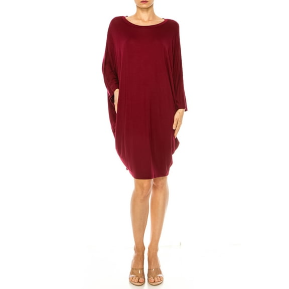 MOA COLLECTION Women's Casual Loose Fit Long Sleeves Dolman Style Solid Midi Dress