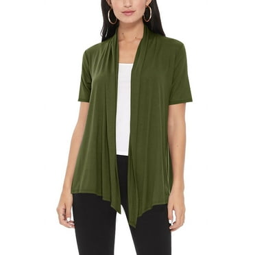 MOA COLLECTION Women's Casual Solid Short Sleeve Basic Open Draped Front Cardigan Office Wear