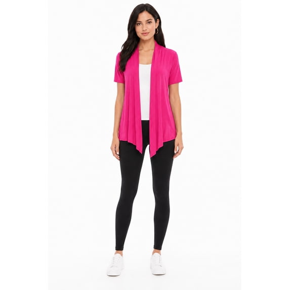 Women's Casual Solid Short Sleeve Basic Open Draped Front Cardigan Office Wear Hot Pink 3XL