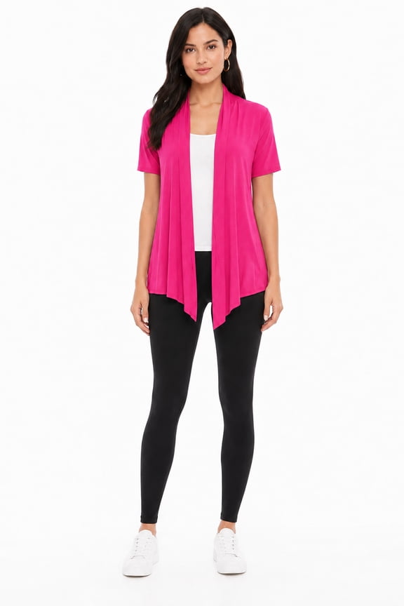 Women's Casual Solid Short Sleeve Basic Open Draped Front Cardigan Office Wear Hot Pink 2XL
