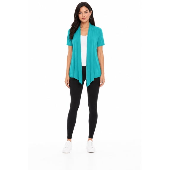 Women's Casual Solid Short Sleeve Basic Open Draped Front Cardigan Office Wear Jade S
