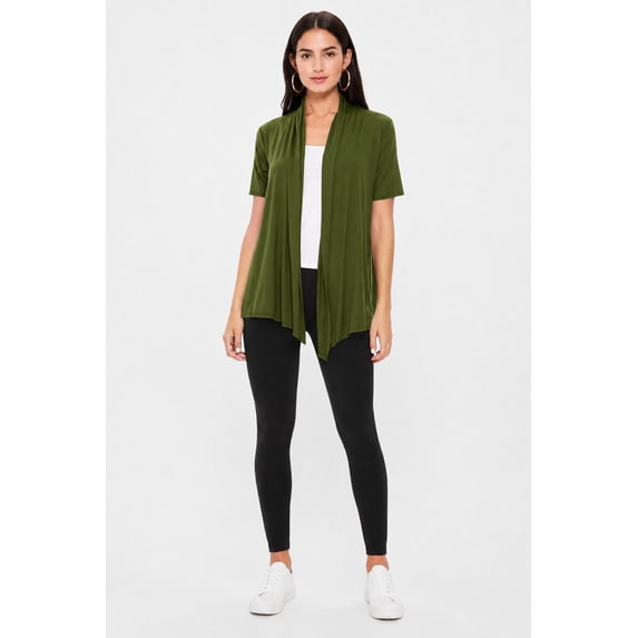 MOA COLLECTION Women's Casual Solid Short Sleeve Basic Open Draped Front Cardigan Office Wear