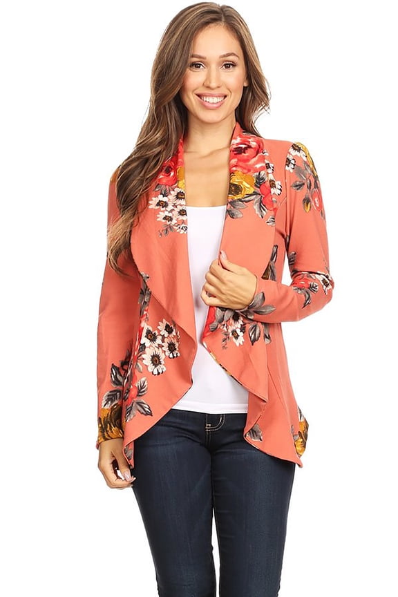 Women's Classic Draped Open Front Blazer Casual Workwear Long Sleeve Jacket Floral Dark Coral 3XL