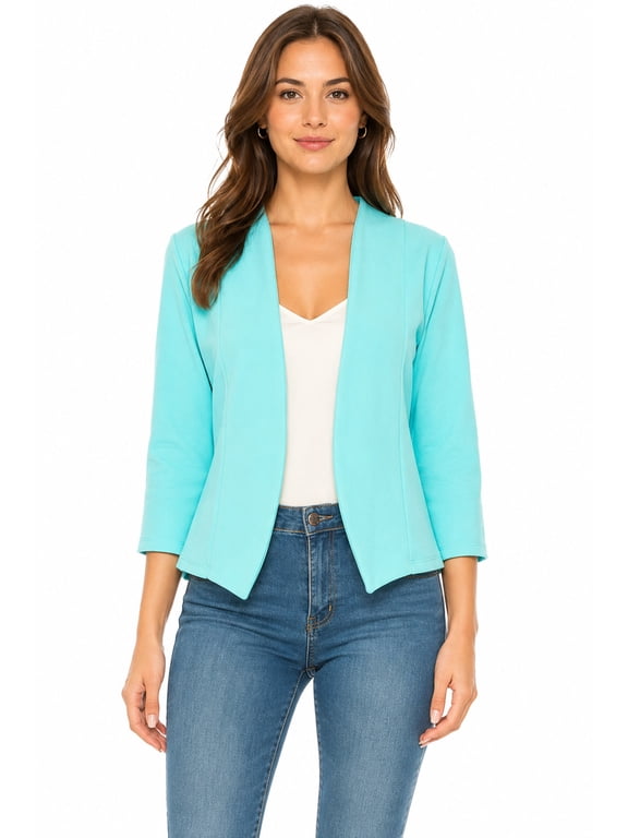 Women's Collarless Blazer Open Front Sleek 3/4 Sleeves Cardigan