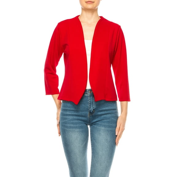 Women's Collarless Blazer Open Front Sleek 3/4 Sleeves Cardigan