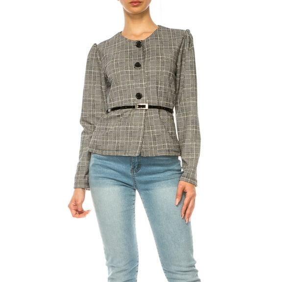 MOA COLLECTION Women's Collarless Button Down Jacket with Belt Accent