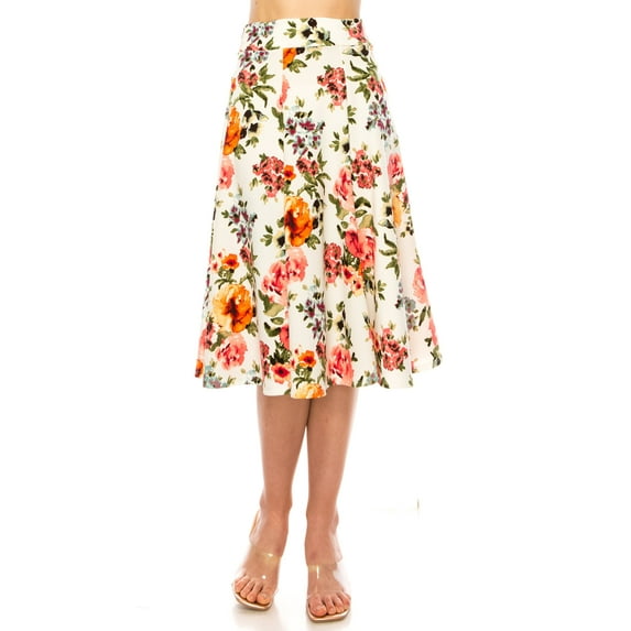 MOA COLLECTION Women's Floral Print A-Line Midi Skirt with Paneled Design and Banded Waist