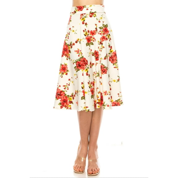 MOA COLLECTION Women's Floral Print A-Line Midi Skirt with Paneled Design and Banded Waist