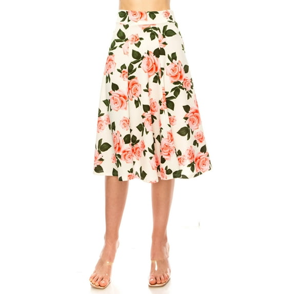 MOA COLLECTION Women's Floral Print A-Line Midi Skirt with Paneled Design and Banded Waist