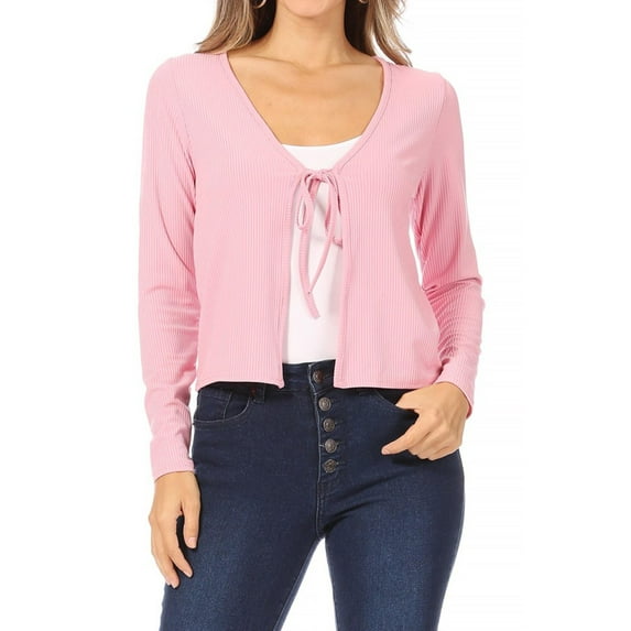 MOA COLLECTION Women's Long Sleeve Deep V Neck Open Front Tie Up Crop Rib Knit Cardigan