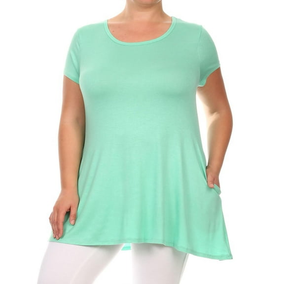 MOA COLLECTION Women's Plus Size Solid Casual Loose Fit Pocket Tunic Top Mini Dress/Made in USA