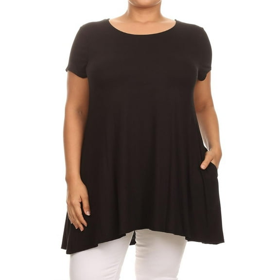 MOA COLLECTION Women's Plus Size Solid Casual Loose Fit Pocket Tunic Top Mini Dress/Made in USA