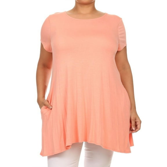 MOA COLLECTION Women's Plus Size Solid Casual Loose Fit Pocket Tunic Top Mini Dress/Made in USA