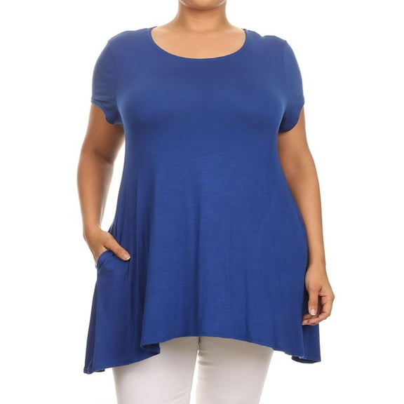 MOA COLLECTION Women's Plus Size Solid Casual Loose Fit Pocket Tunic Top Mini Dress/Made in USA